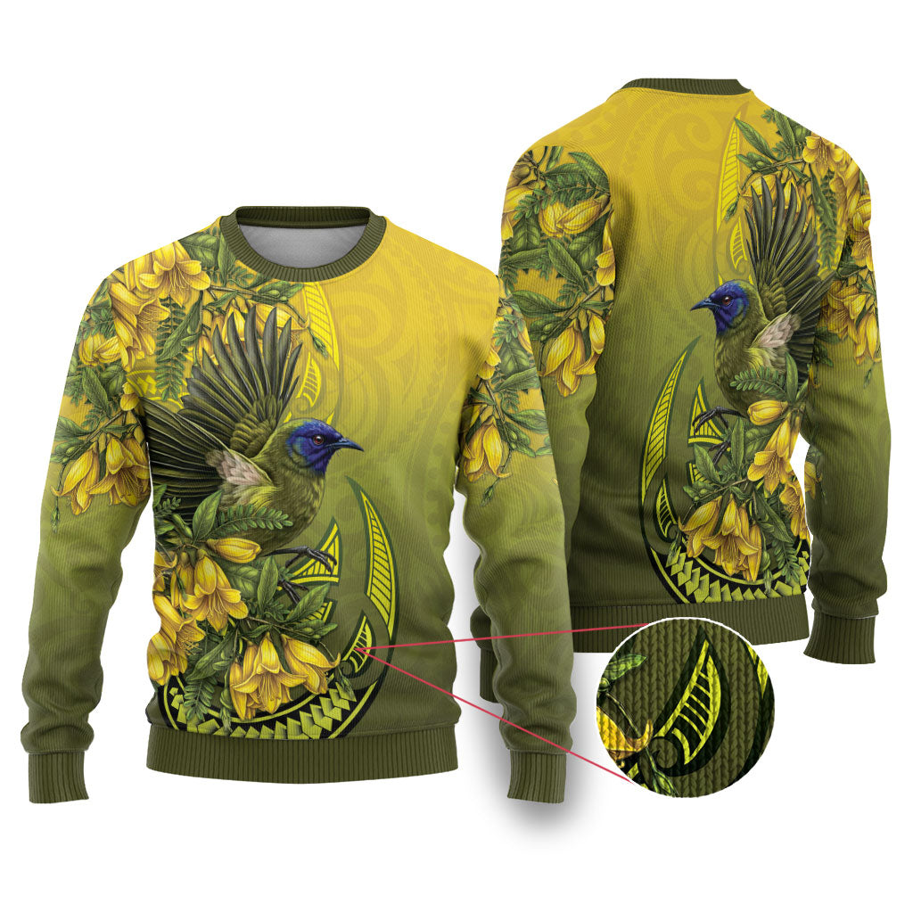 New Zealand Bellbird Ugly Christmas Sweater With Kowhai Flowers LT05 Yellow - Polynesian Pride