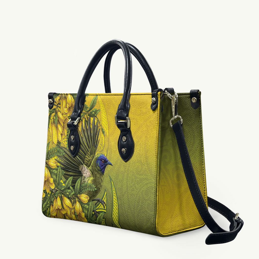 New Zealand Bellbird Leather Bag With Kowhai Flowers
