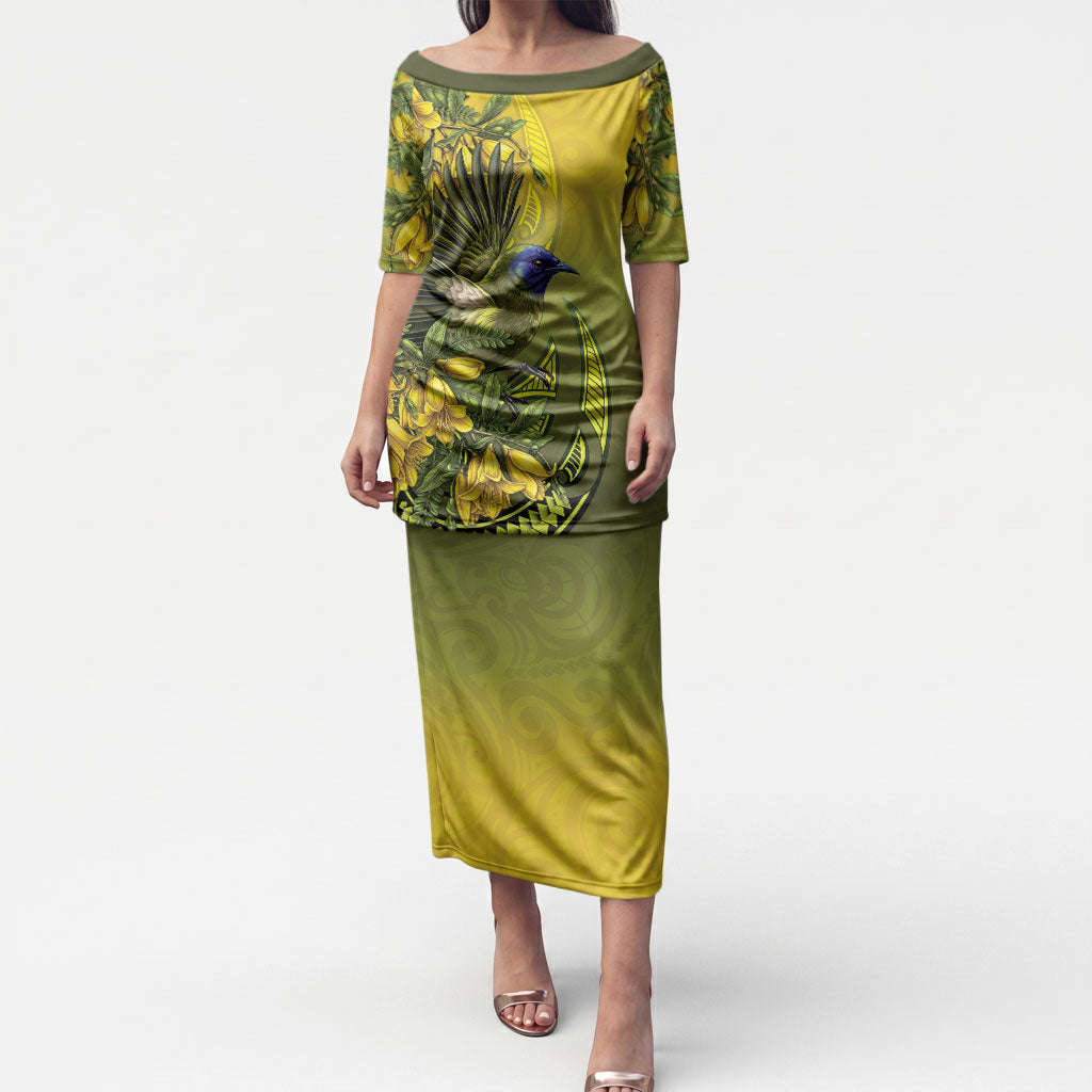 New Zealand Bellbird Puletasi With Kowhai Flowers LT05 Long Dress Yellow - Polynesian Pride