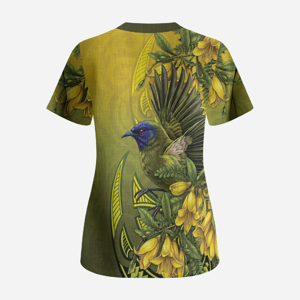 New Zealand Bellbird Scrub Top With Kowhai Flowers LT05 - Polynesian Pride