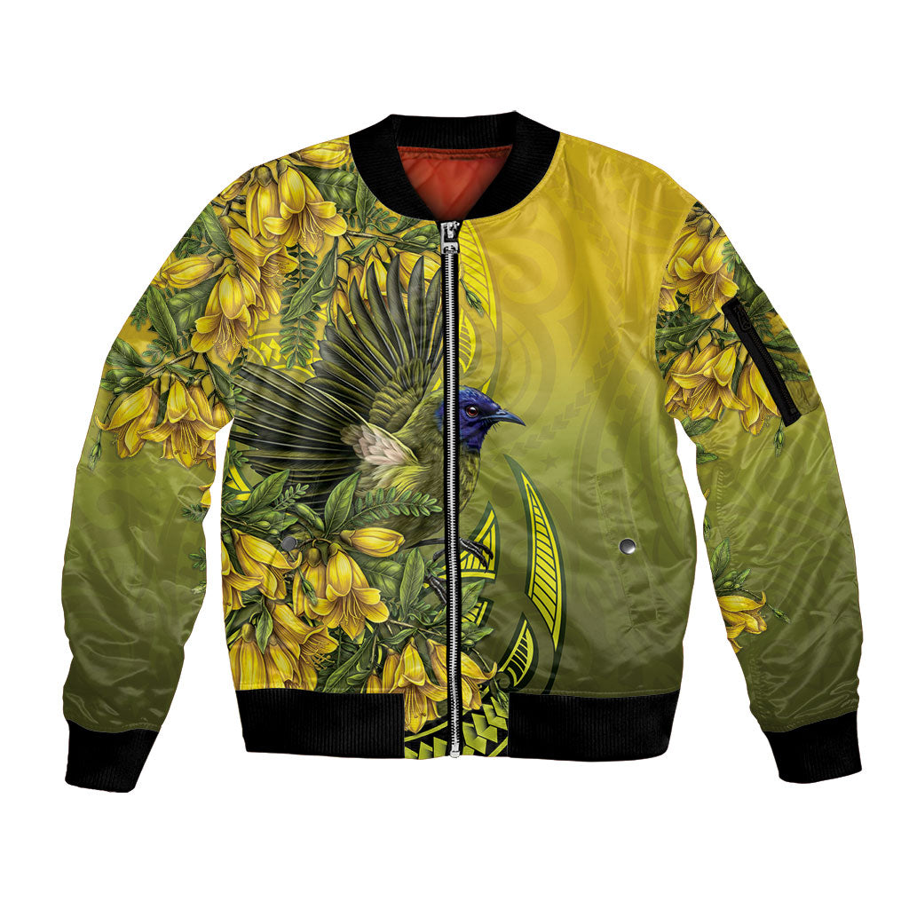 New Zealand Bellbird Sleeve Zip Bomber Jacket With Kowhai Flowers