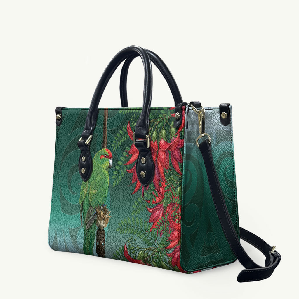 New Zealand Parakeet Bird Leather Bag With Kakabeak Flowers