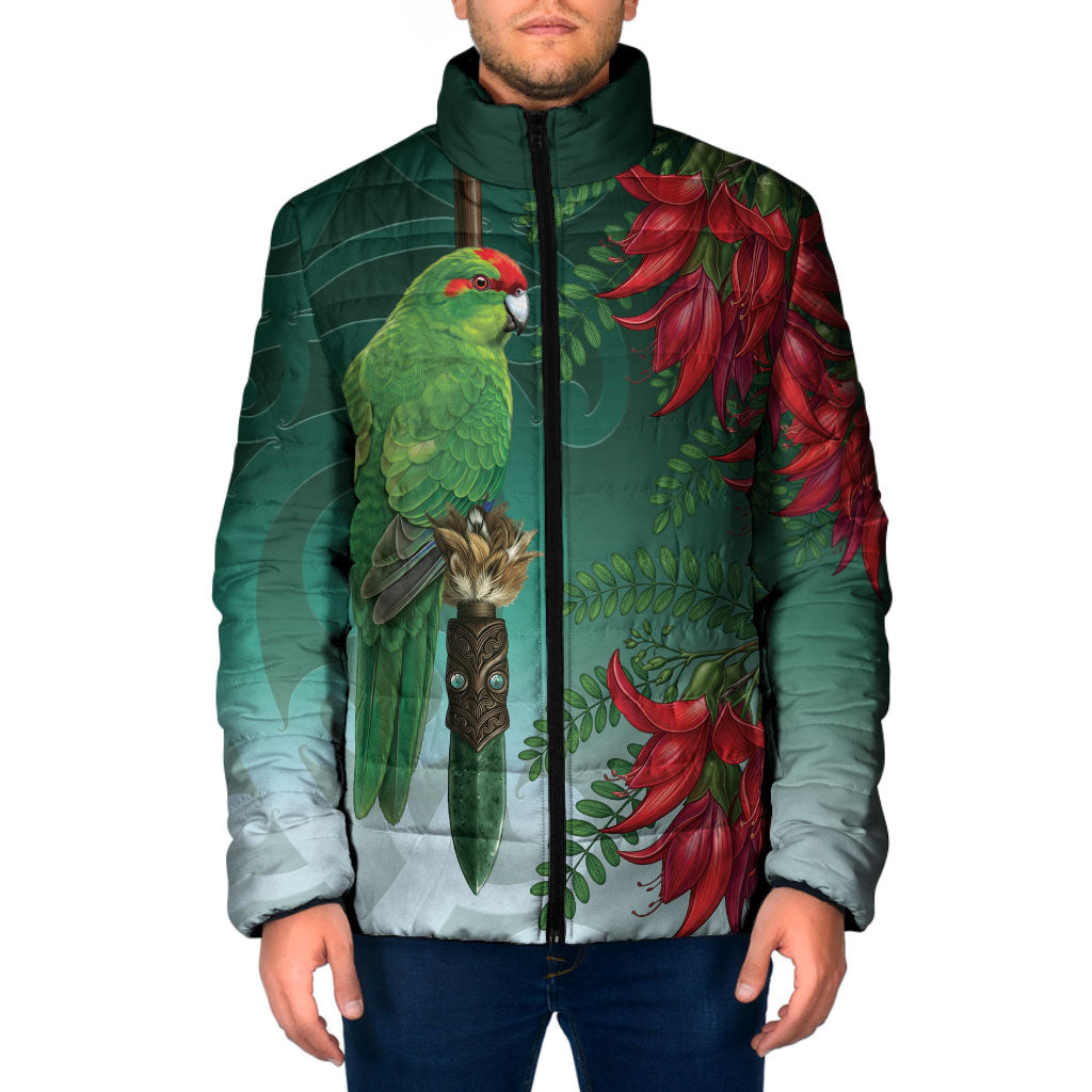 New Zealand Parakeet Bird Padded Jacket With Kakabeak Flowers LT05 Men Teal - Polynesian Pride