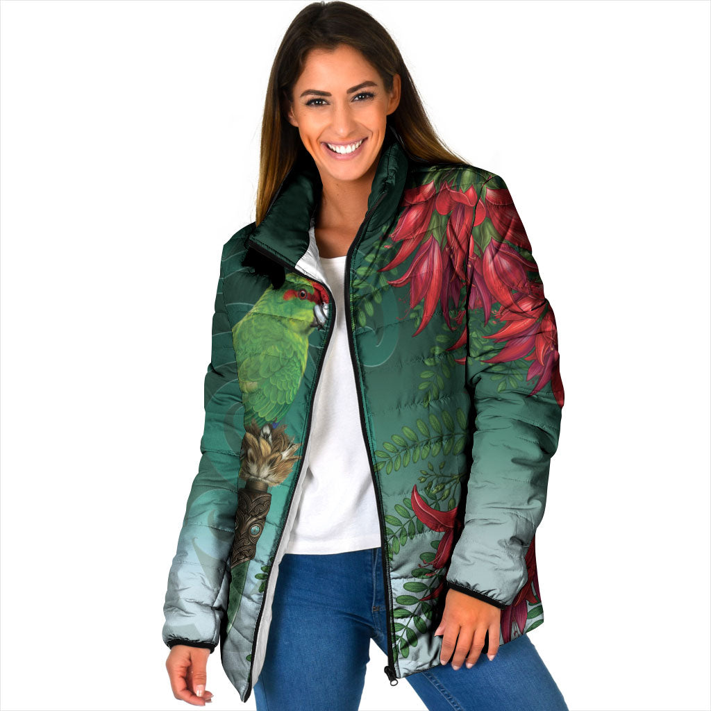 New Zealand Parakeet Bird Padded Jacket With Kakabeak Flowers LT05 Women Teal - Polynesian Pride
