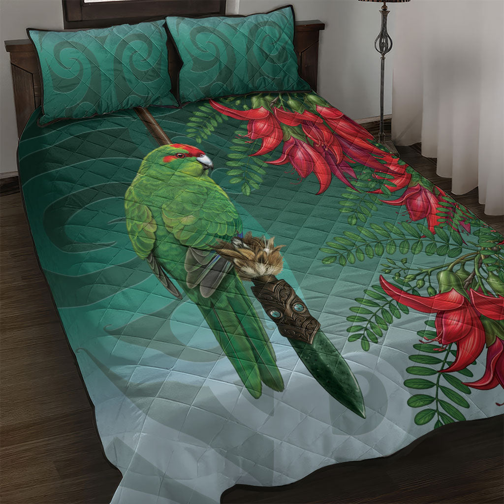 New Zealand Parakeet Bird Quilt Bed Set With Kakabeak Flowers LT05 Teal - Polynesian Pride