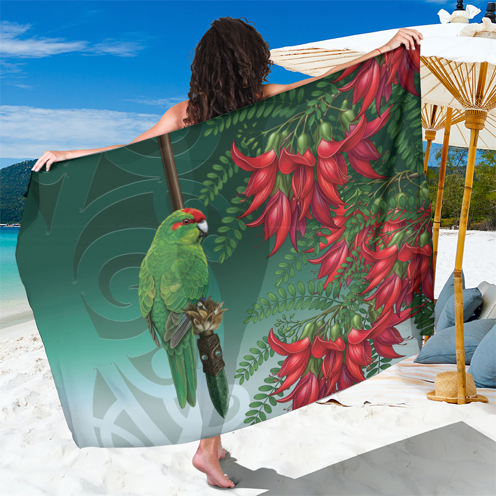 New Zealand Parakeet Bird Sarong With Kakabeak Flowers LT05 One Size 44 x 66 inches Teal - Polynesian Pride