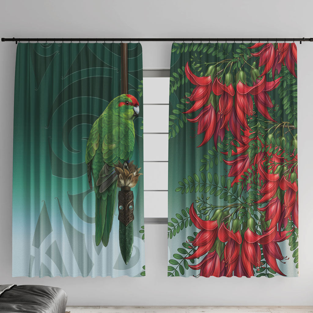 New Zealand Parakeet Bird Window Curtain With Kakabeak Flowers LT05 With Hooks Teal - Polynesian Pride