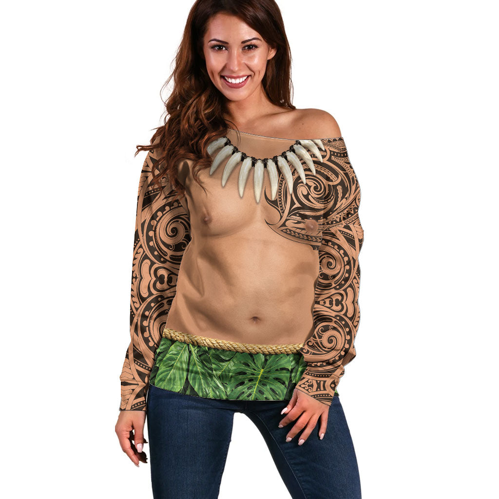 Hawaii Tribal Tattoo Costume Off Shoulder Sweater Shark Tooth Necklace Leaf Skirt