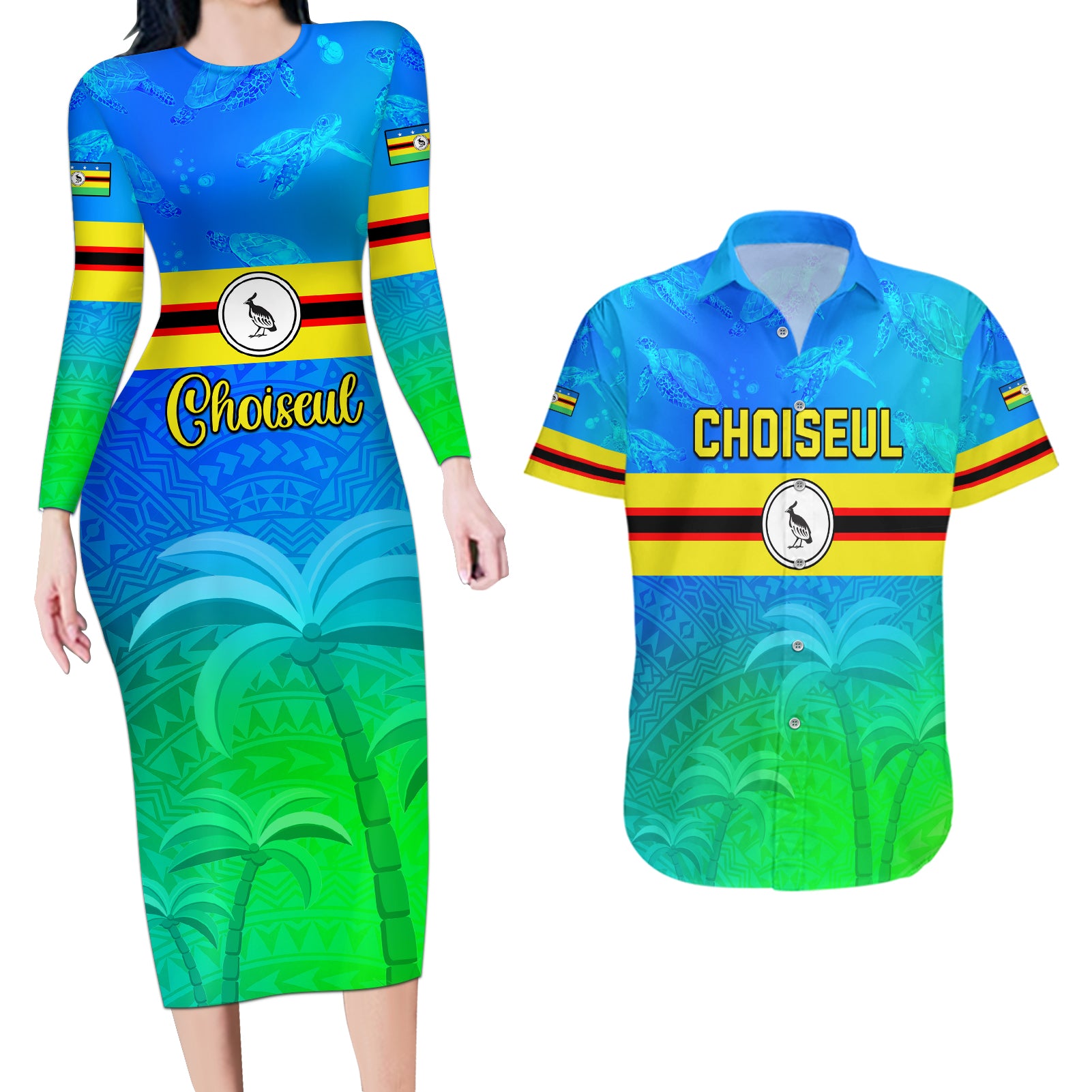 Personalised Solomon Islands Choiseul Province Day Couples Matching Long Sleeve Bodycon Dress and Hawaiian Shirt Sea Turtle Tribal Pattern LT05 Blue - Polynesian Pride