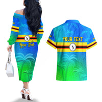 Personalised Solomon Islands Choiseul Province Day Couples Matching Off The Shoulder Long Sleeve Dress and Hawaiian Shirt Sea Turtle Tribal Pattern LT05 - Polynesian Pride