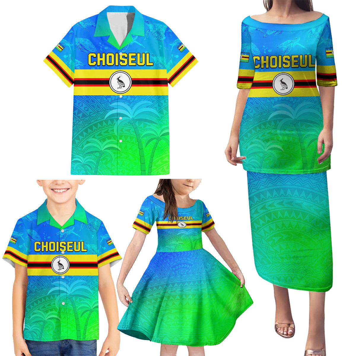 Personalised Solomon Islands Choiseul Province Day Family Matching Puletasi Dress and Hawaiian Shirt Sea Turtle Tribal Pattern LT05 - Polynesian Pride