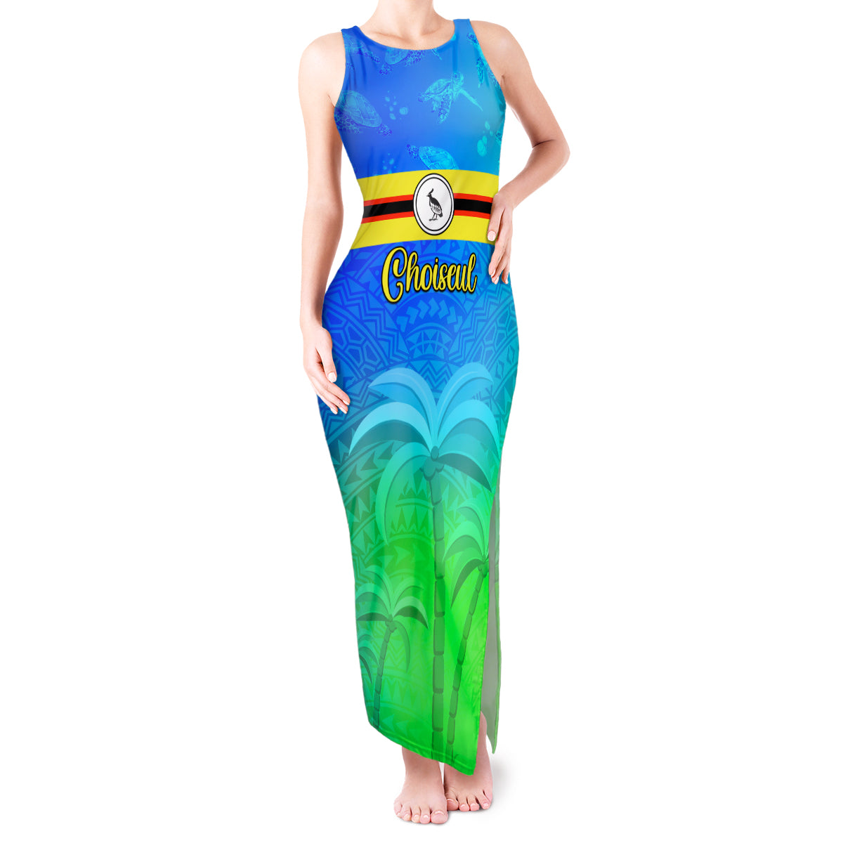 Personalised Solomon Islands Choiseul Province Day Tank Maxi Dress Sea Turtle Tribal Pattern LT05 Women Blue - Polynesian Pride