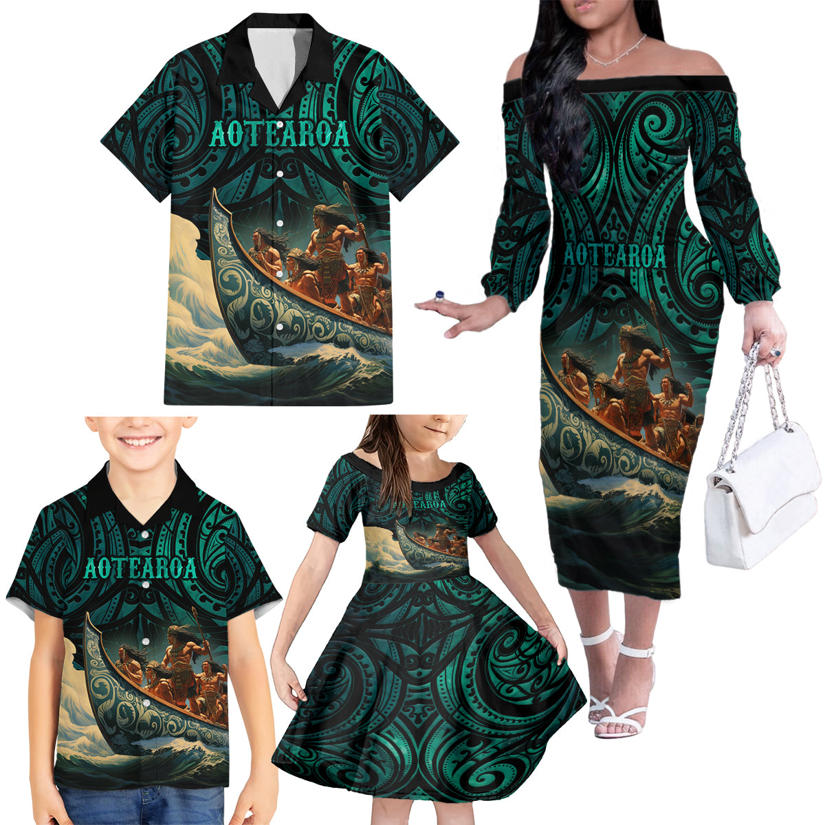 Personalised New Zealand Tamaki Herenga Waka Festival Family Matching Off Shoulder Long Sleeve Dress and Hawaiian Shirt Maori Pattern LT05 - Polynesian Pride