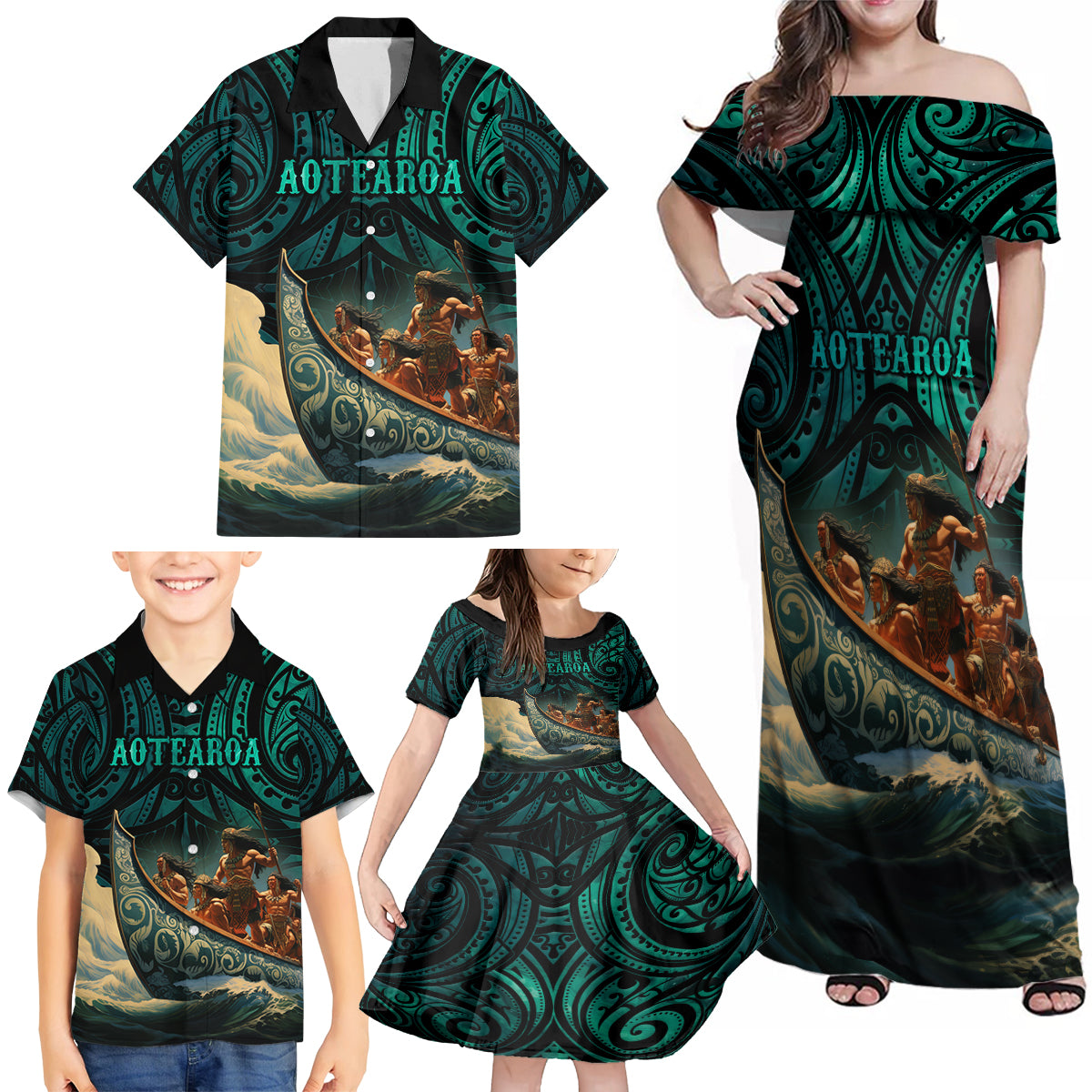 Personalised New Zealand Tamaki Herenga Waka Festival Family Matching Off Shoulder Maxi Dress and Hawaiian Shirt Maori Pattern LT05 - Polynesian Pride