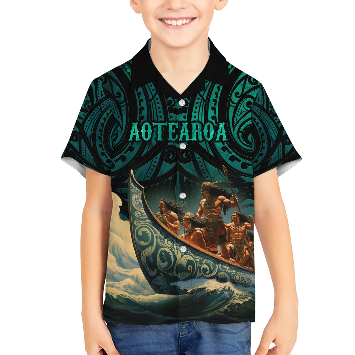 Personalised New Zealand Tamaki Herenga Waka Festival Family Matching Short Sleeve Bodycon Dress and Hawaiian Shirt Maori Pattern LT05 Son's Shirt Dark Turquoise - Polynesian Pride