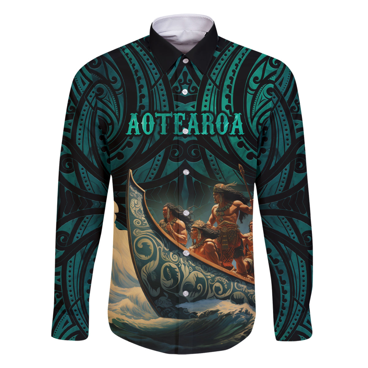 Personalised New Zealand Tamaki Herenga Waka Festival Family Matching Summer Maxi Dress and Hawaiian Shirt Maori Pattern LT05 Dad's Shirt - Long Sleeve Dark Turquoise - Polynesian Pride
