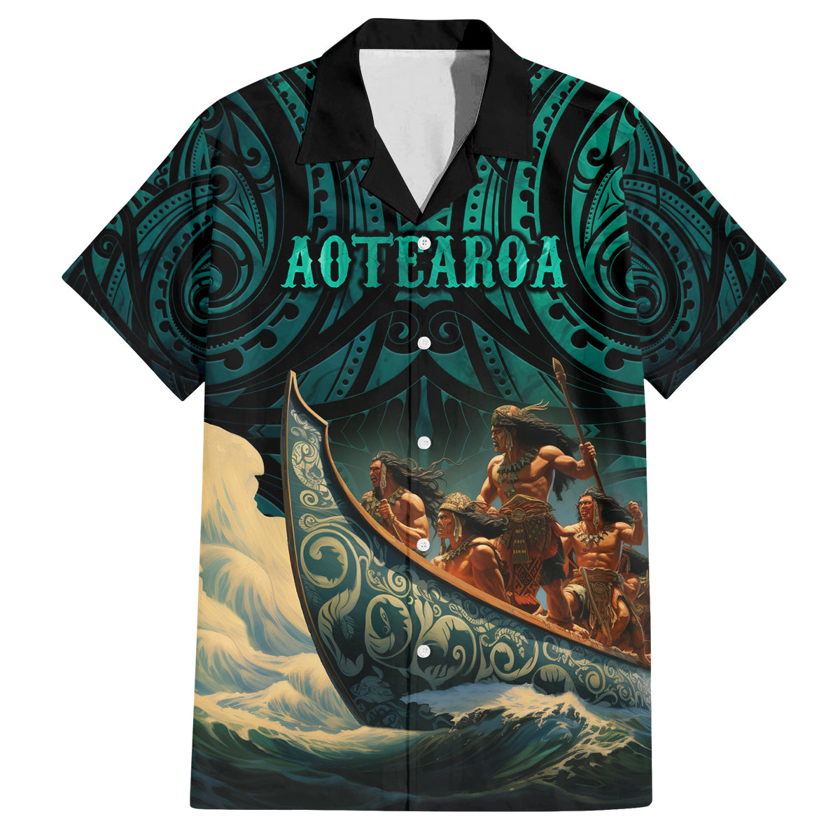Personalised New Zealand Tamaki Herenga Waka Festival Family Matching Tank Maxi Dress and Hawaiian Shirt Maori Pattern LT05 Dad's Shirt - Short Sleeve Dark Turquoise - Polynesian Pride