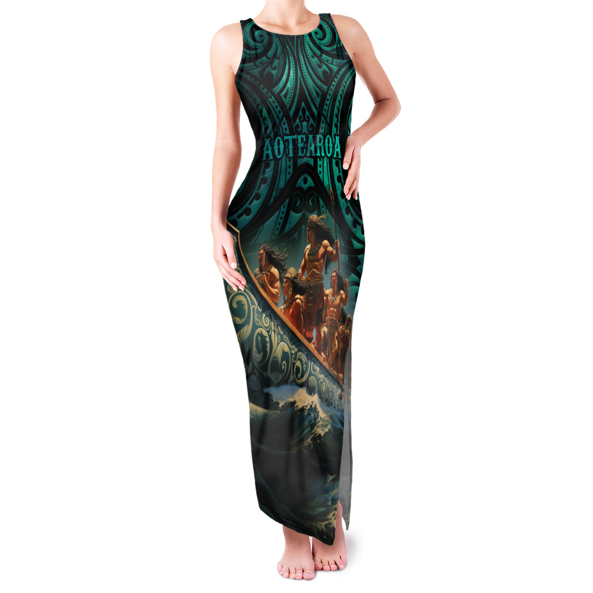 Personalised New Zealand Tamaki Herenga Waka Festival Family Matching Tank Maxi Dress and Hawaiian Shirt Maori Pattern LT05 Mom's Dress Dark Turquoise - Polynesian Pride