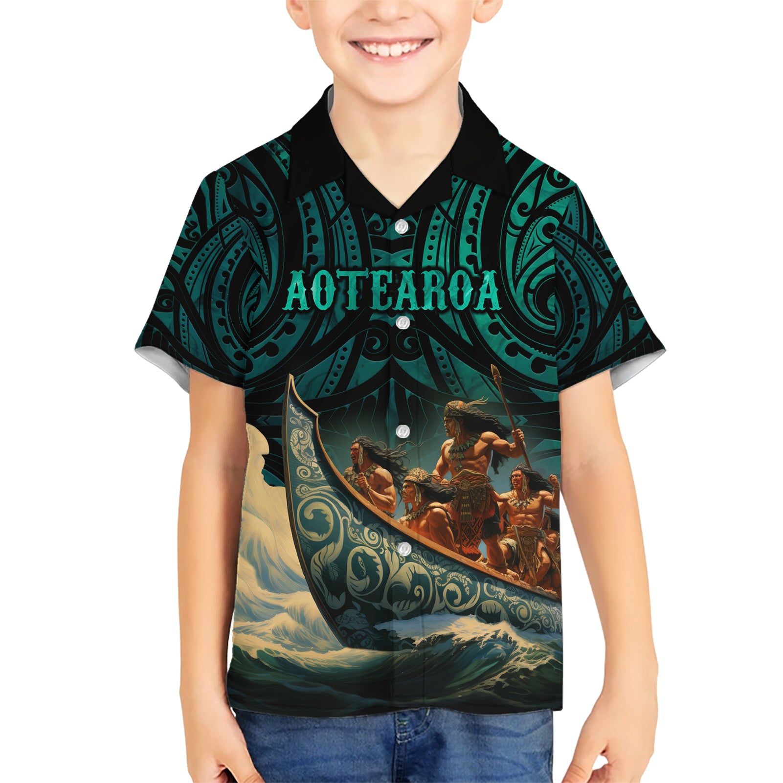 Personalised New Zealand Tamaki Herenga Waka Festival Kid Hawaiian Shirt Maori Pattern LT05 Kid Dark Turquoise - Polynesian Pride