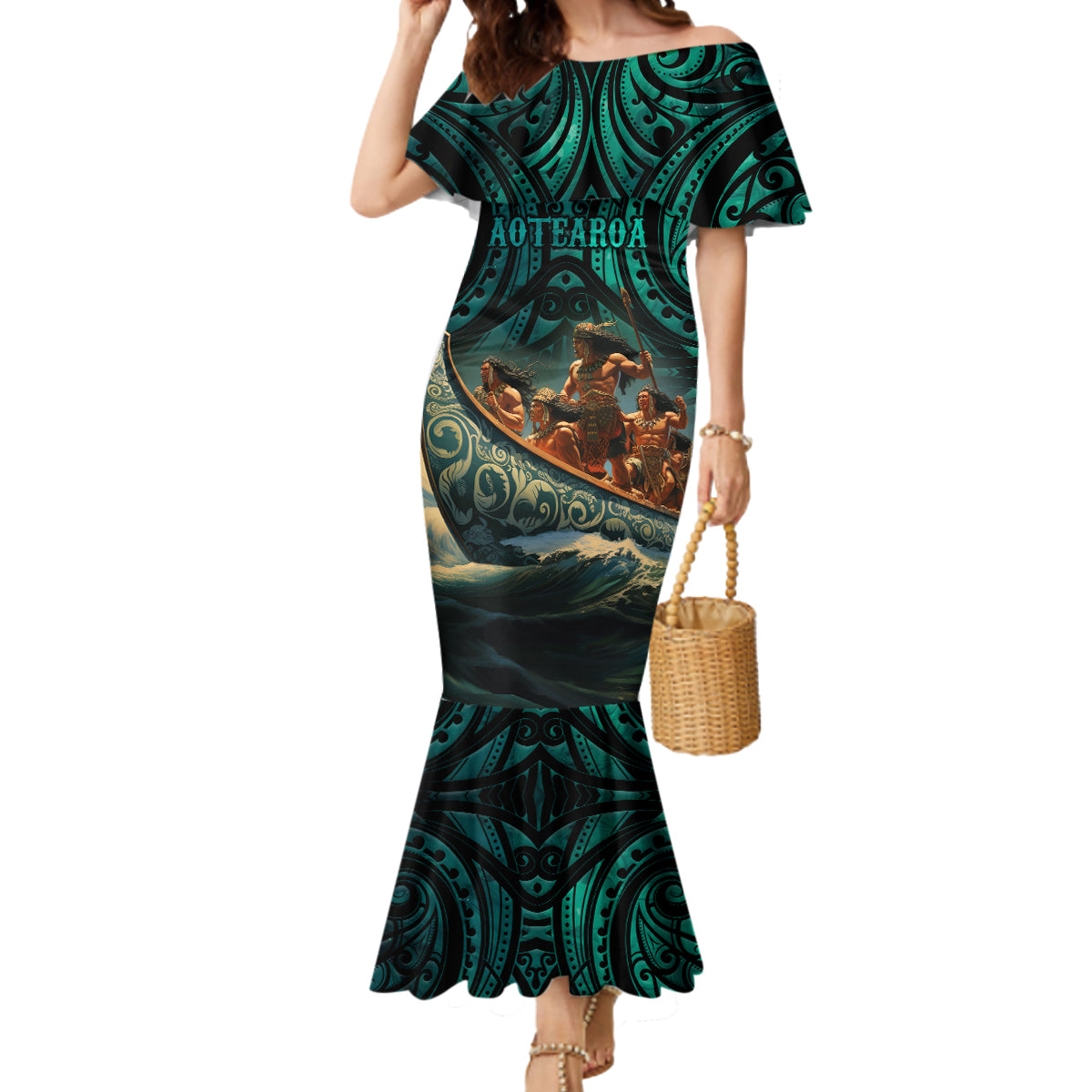 Personalised New Zealand Tamaki Herenga Waka Festival Mermaid Dress Maori Pattern LT05 Women Dark Turquoise - Polynesian Pride