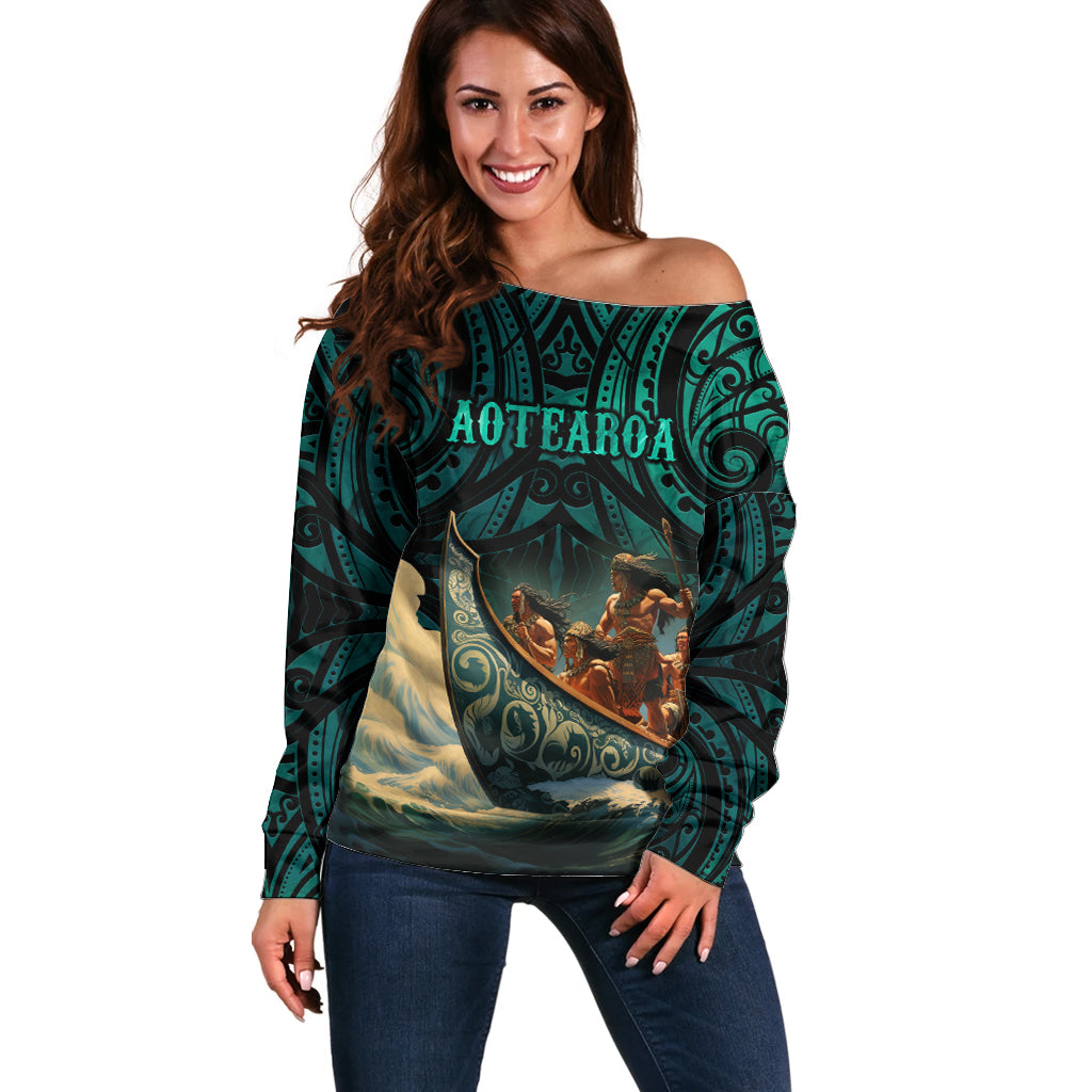 Personalised New Zealand Tamaki Herenga Waka Festival Off Shoulder Sweater Maori Pattern LT05 Women Dark Turquoise - Polynesian Pride