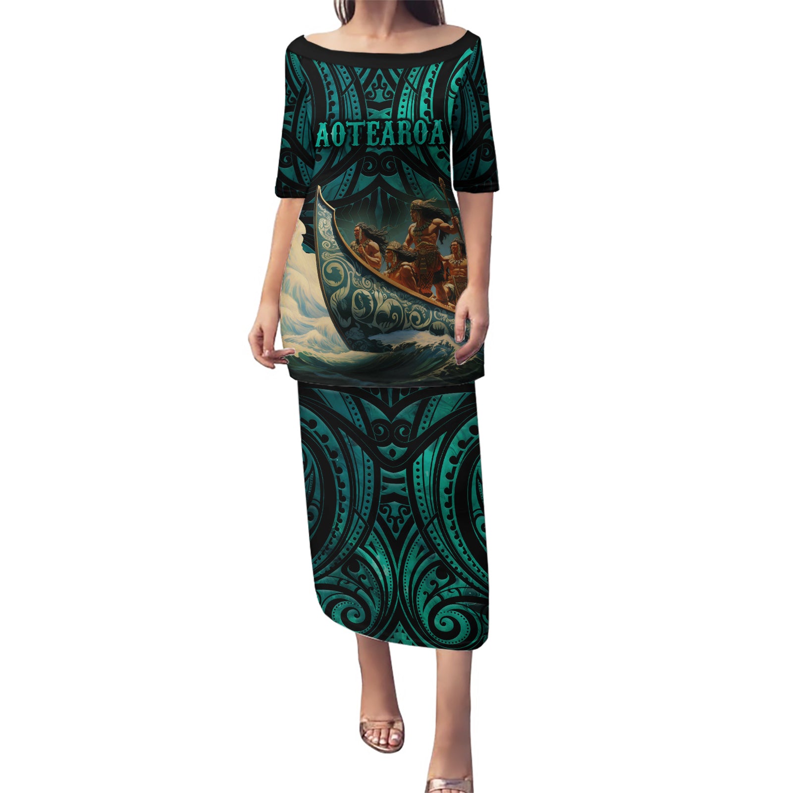 Personalised New Zealand Tamaki Herenga Waka Festival Puletasi Maori Pattern LT05 Long Dress Dark Turquoise - Polynesian Pride