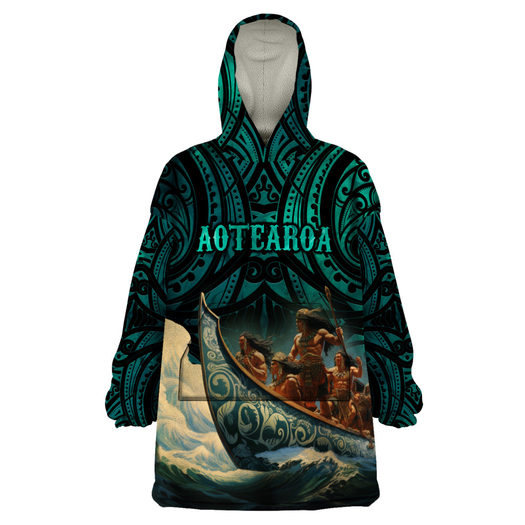 Personalised New Zealand Tamaki Herenga Waka Festival Wearable Blanket Hoodie Maori Pattern LT05 One Size Dark Turquoise - Polynesian Pride