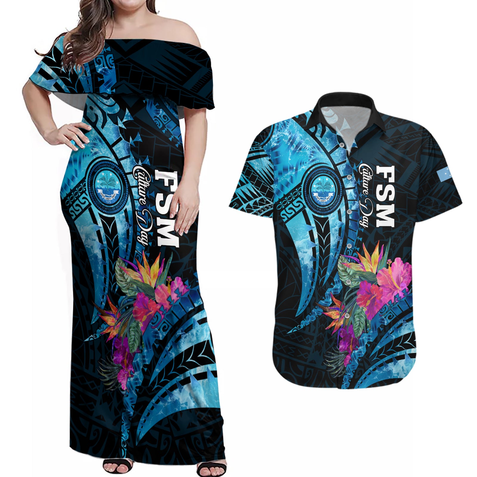 Personalised FSM Culture Day Couples Matching Off Shoulder Maxi Dress and Hawaiian Shirt Tropical Flowers Tribal Pattern LT05 Blue - Polynesian Pride