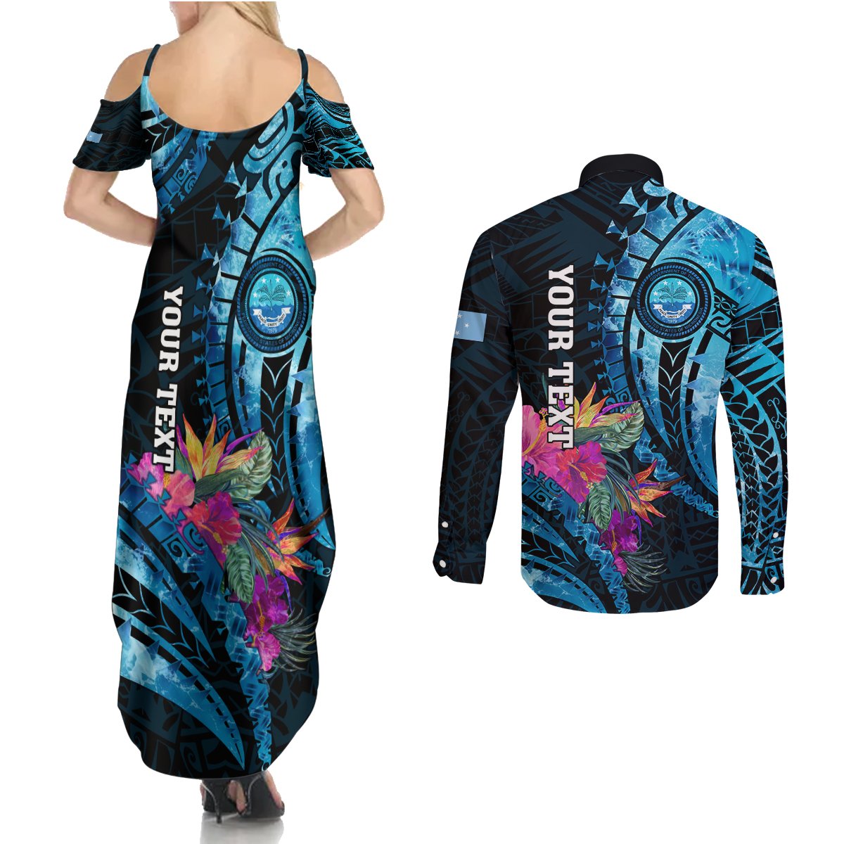 Personalised FSM Culture Day Couples Matching Summer Maxi Dress and Long Sleeve Button Shirt Tropical Flowers Tribal Pattern LT05 - Polynesian Pride