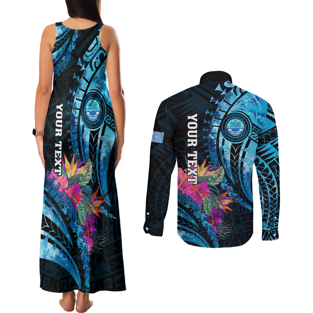 Personalised FSM Culture Day Couples Matching Tank Maxi Dress and Long Sleeve Button Shirt Tropical Flowers Tribal Pattern LT05 - Polynesian Pride