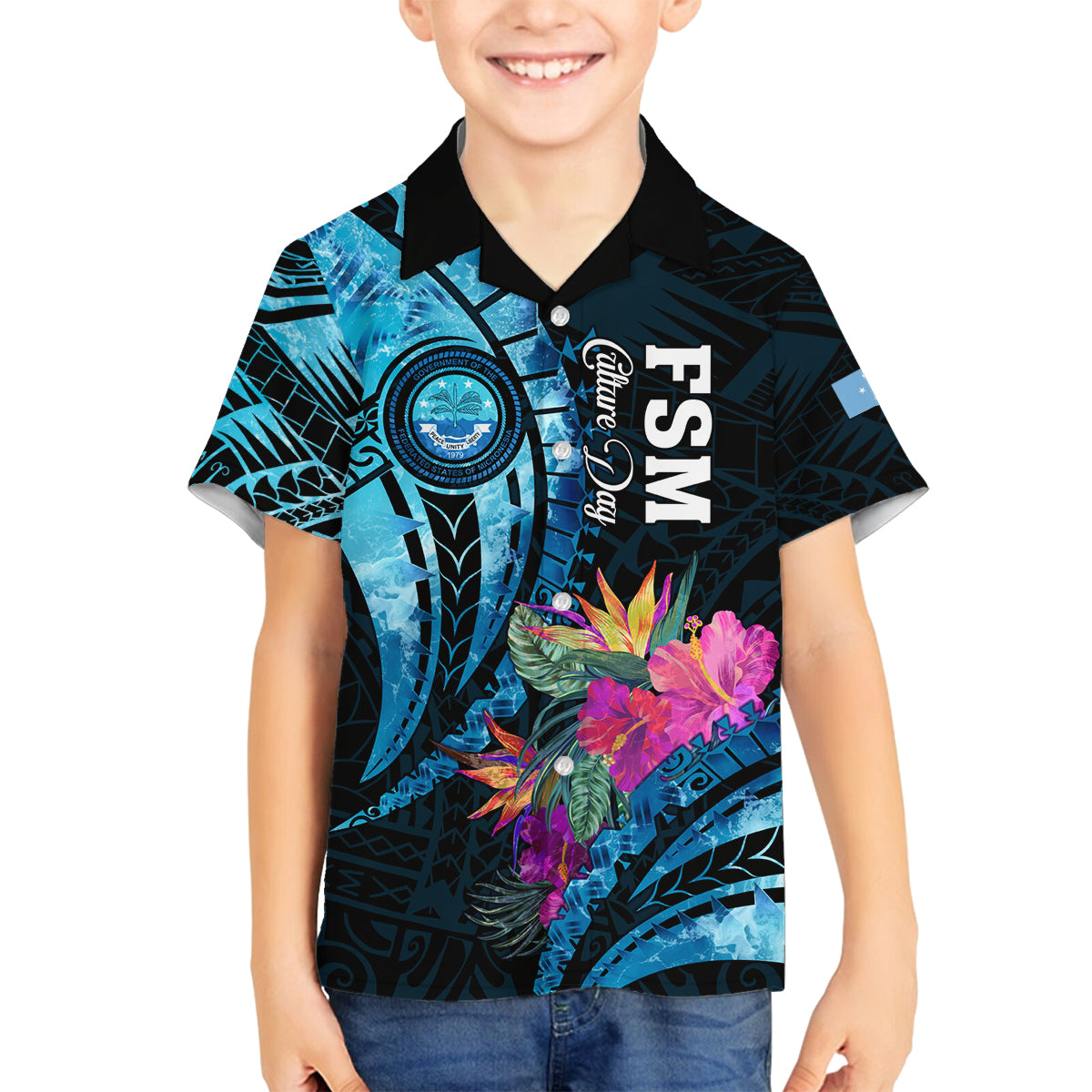 Personalised FSM Culture Day Family Matching Off Shoulder Long Sleeve Dress and Hawaiian Shirt Tropical Flowers Tribal Pattern LT05 Son's Shirt Blue - Polynesian Pride