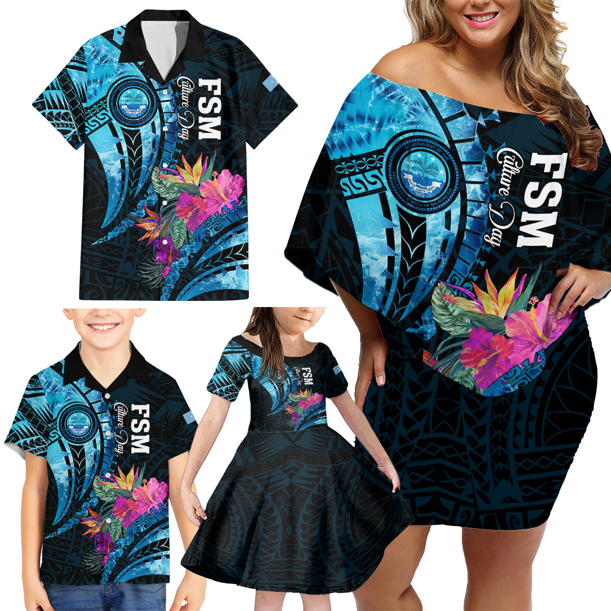 Personalised FSM Culture Day Family Matching Off Shoulder Short Dress and Hawaiian Shirt Tropical Flowers Tribal Pattern LT05 - Polynesian Pride