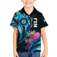 Personalised FSM Culture Day Family Matching Puletasi and Hawaiian Shirt Tropical Flowers Tribal Pattern LT05 Son's Shirt Blue - Polynesian Pride