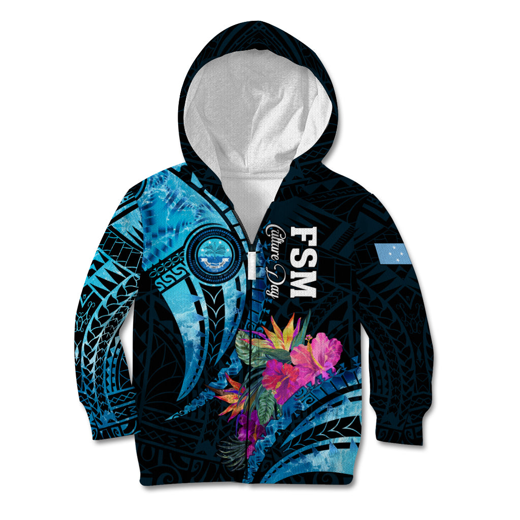 Personalised FSM Culture Day Kid Hoodie Tropical Flowers Tribal Pattern LT05 Zip Hoodie Blue - Polynesian Pride
