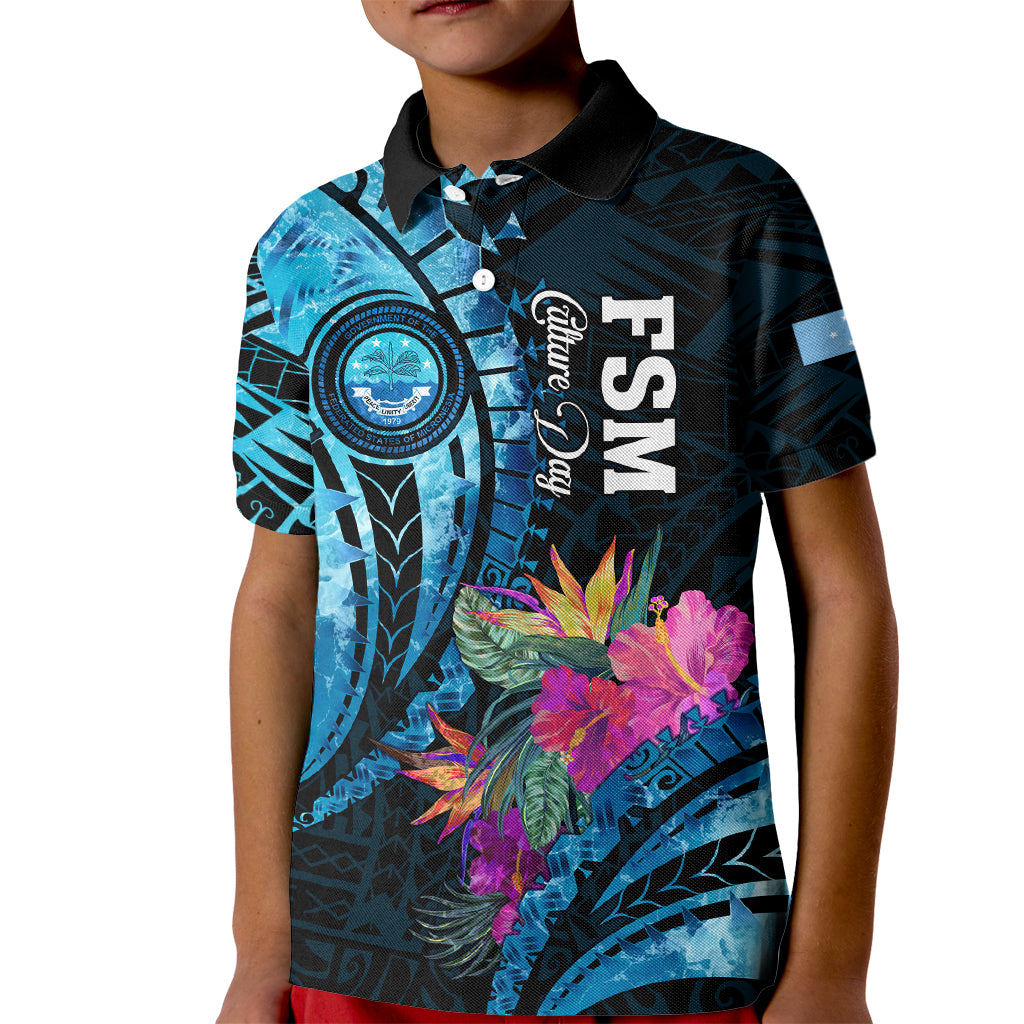 Personalised FSM Culture Day Kid Polo Shirt Tropical Flowers Tribal Pattern LT05 Kid Blue - Polynesian Pride
