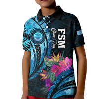 Personalised FSM Culture Day Kid Polo Shirt Tropical Flowers Tribal Pattern LT05 Kid Blue - Polynesian Pride