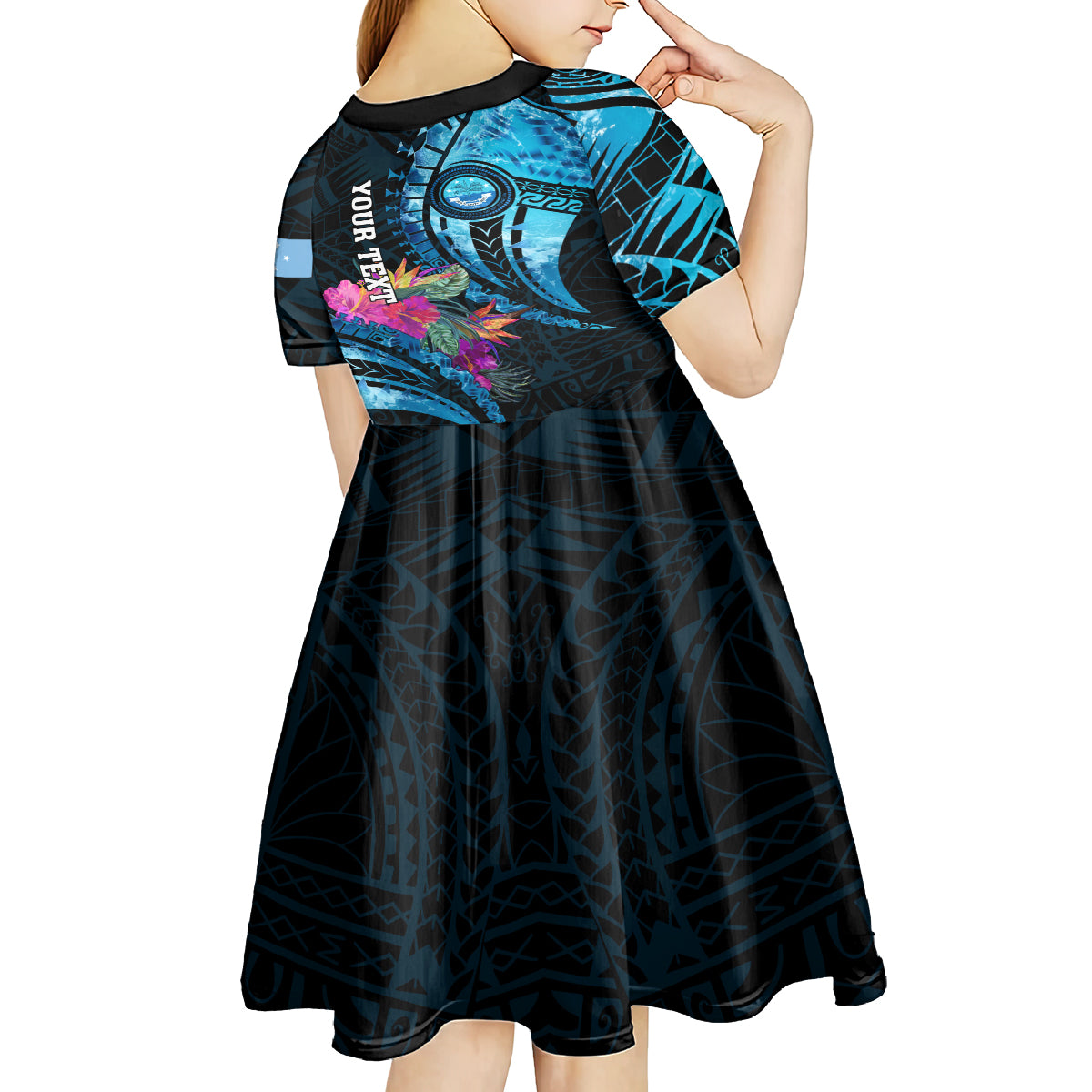 Personalised FSM Culture Day Kid Short Sleeve Dress Tropical Flowers Tribal Pattern LT05 - Polynesian Pride