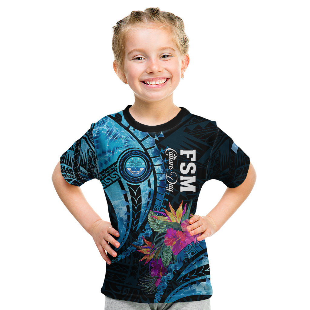 Personalised FSM Culture Day Kid T Shirt Tropical Flowers Tribal Pattern LT05 Blue - Polynesian Pride