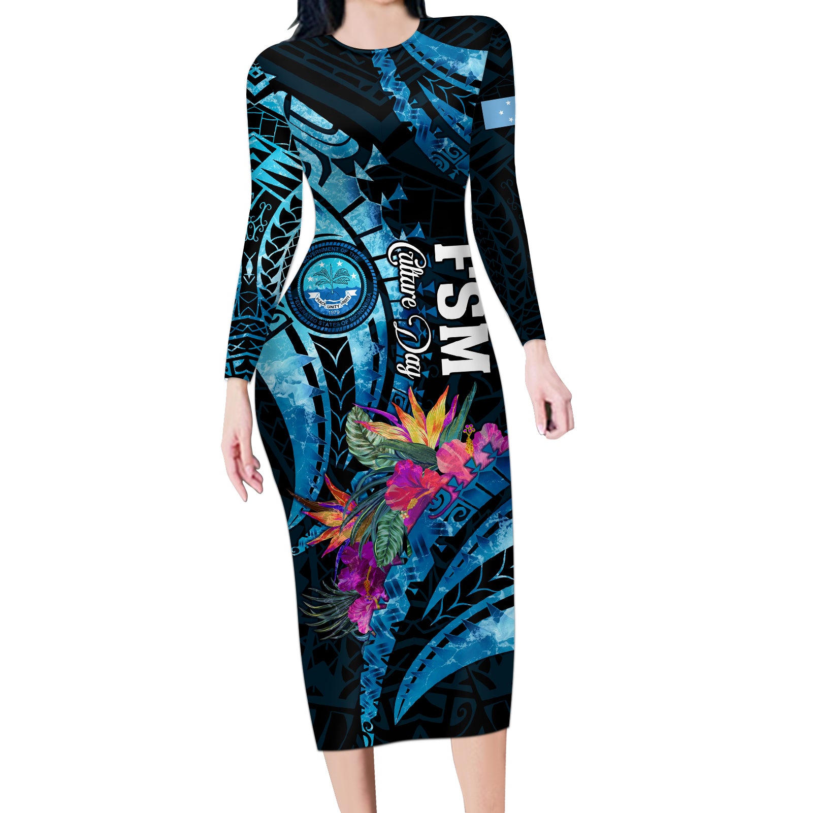 Personalised FSM Culture Day Long Sleeve Bodycon Dress Tropical Flowers Tribal Pattern LT05 Long Dress Blue - Polynesian Pride