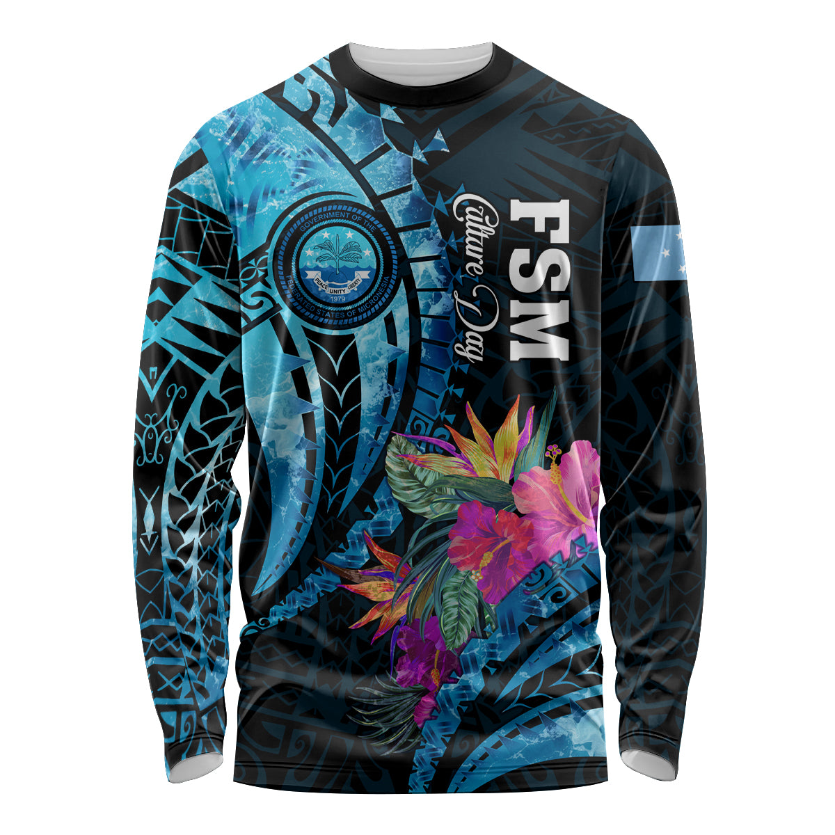 Personalised FSM Culture Day Long Sleeve Shirt Tropical Flowers Tribal Pattern LT05 Unisex Blue - Polynesian Pride