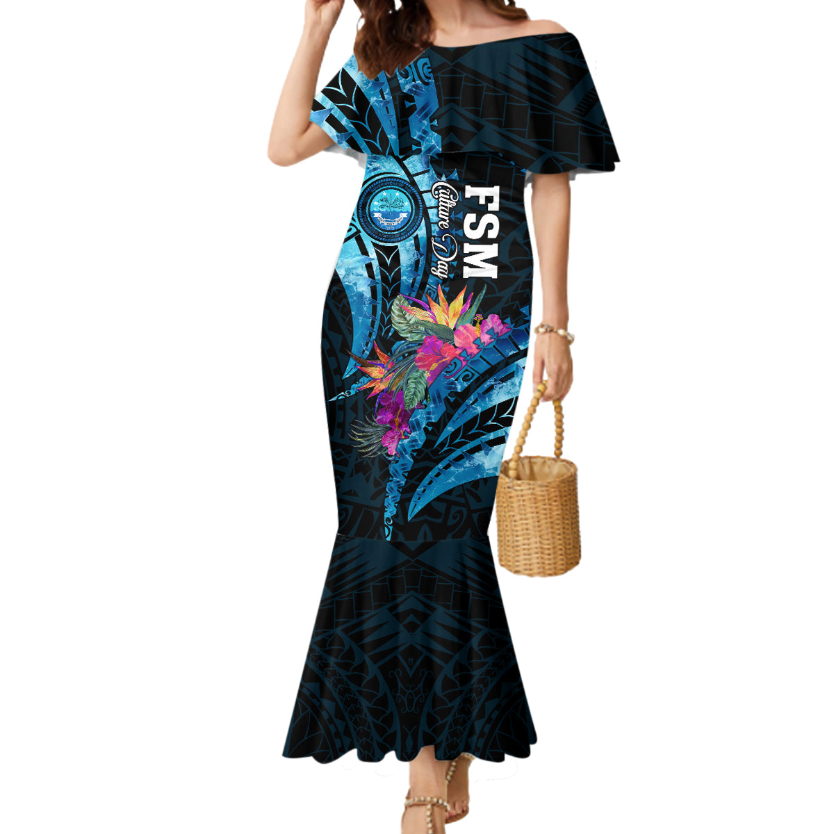 Personalised FSM Culture Day Mermaid Dress Tropical Flowers Tribal Pattern LT05 Women Blue - Polynesian Pride