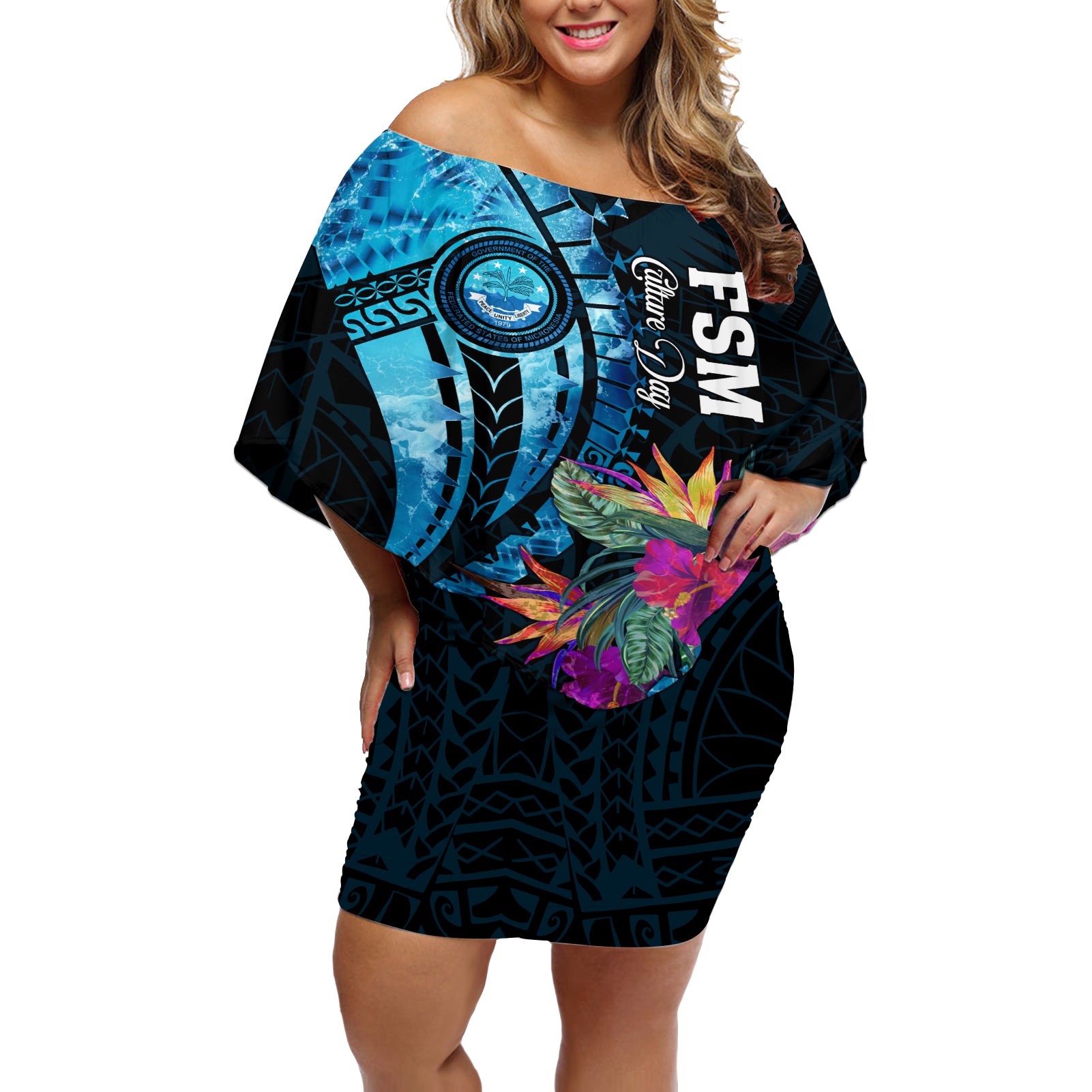 Personalised FSM Culture Day Off Shoulder Short Dress Tropical Flowers Tribal Pattern LT05 Women Blue - Polynesian Pride