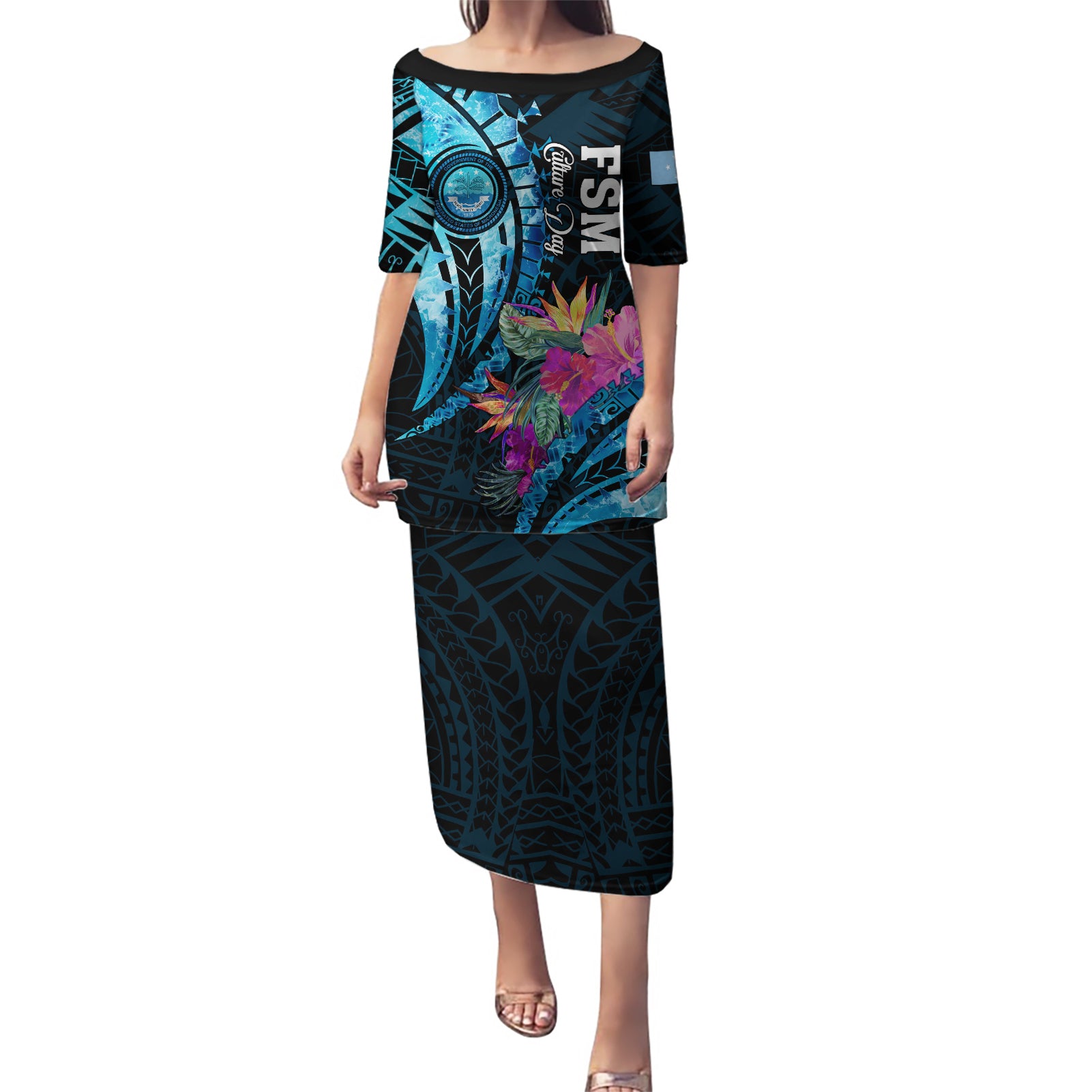 Personalised FSM Culture Day Puletasi Tropical Flowers Tribal Pattern LT05 Long Dress Blue - Polynesian Pride