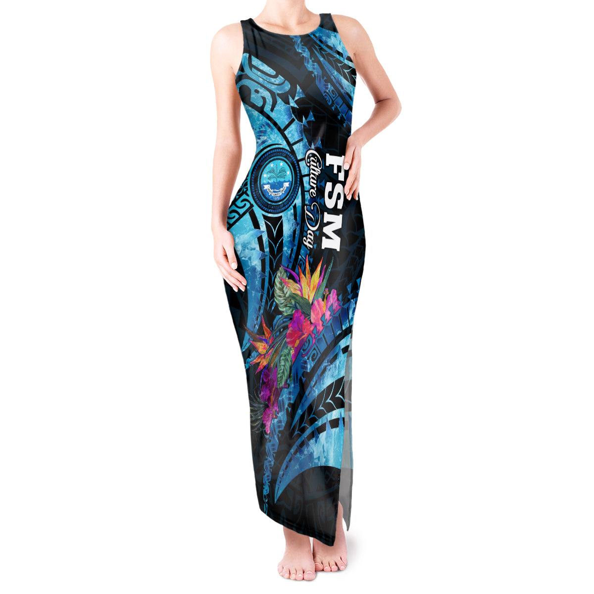 Personalised FSM Culture Day Tank Maxi Dress Tropical Flowers Tribal Pattern LT05 Women Blue - Polynesian Pride