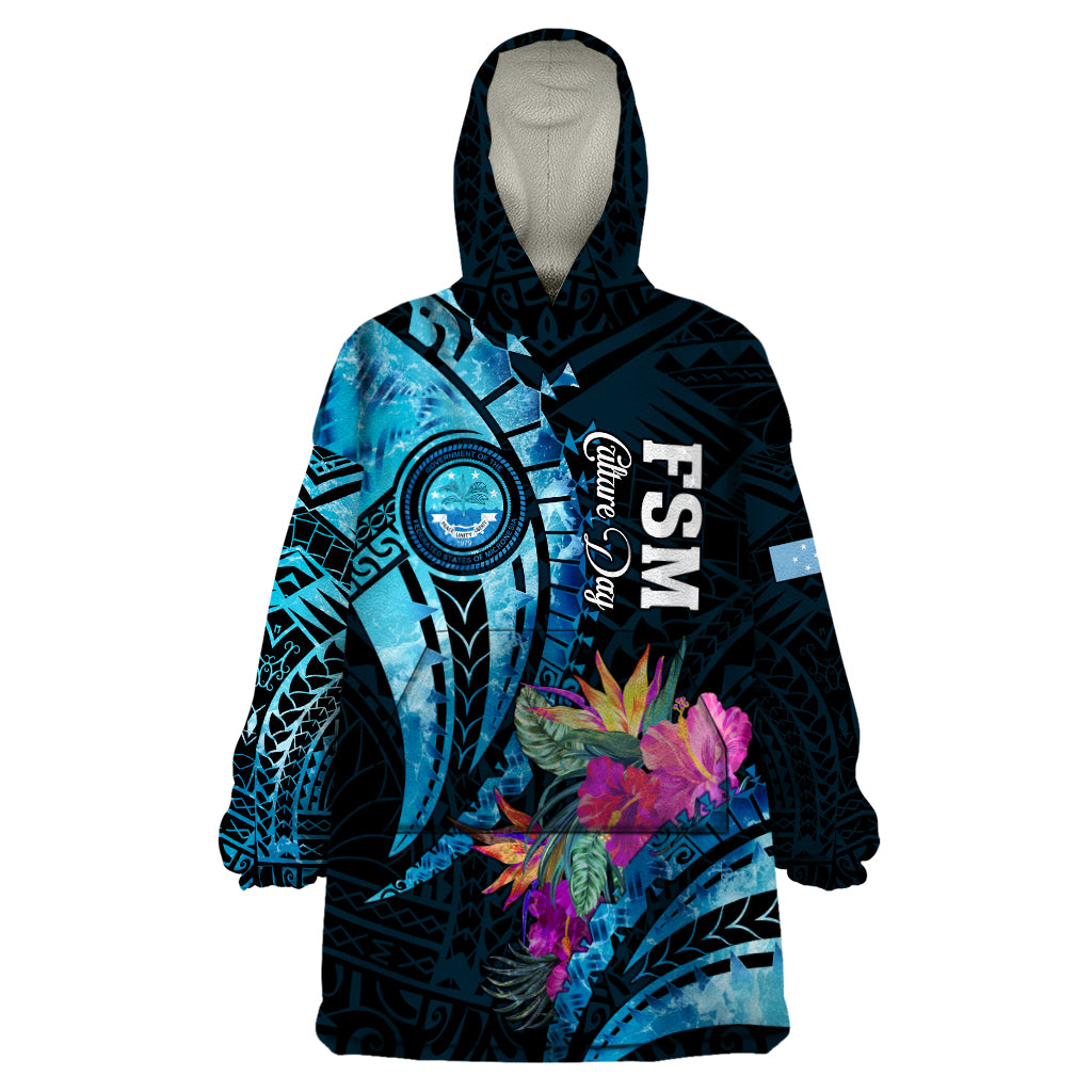 Personalised FSM Culture Day Wearable Blanket Hoodie Tropical Flowers Tribal Pattern LT05 One Size Blue - Polynesian Pride