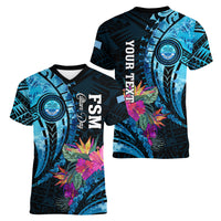 Personalised FSM Culture Day Women V Neck T Shirt Tropical Flowers Tribal Pattern LT05 - Polynesian Pride