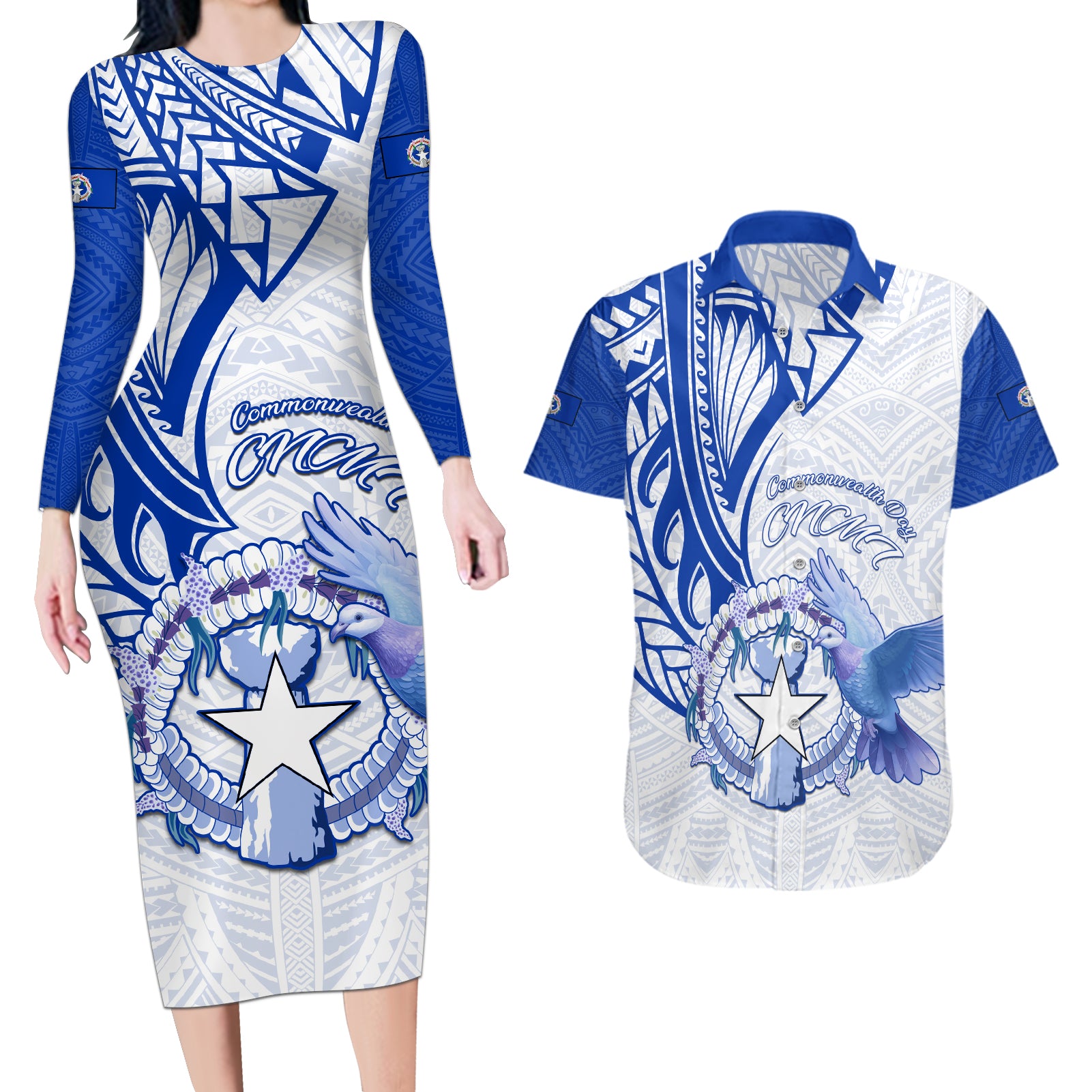 Personalised Northern Mariana Islands Commonwealth Day Couples Matching Long Sleeve Bodycon Dress and Hawaiian Shirt Simple Style LT05 Blue - Polynesian Pride