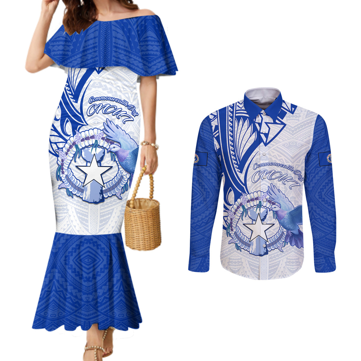 Personalised Northern Mariana Islands Commonwealth Day Couples Matching Mermaid Dress and Long Sleeve Button Shirt Simple Style LT05 Blue - Polynesian Pride