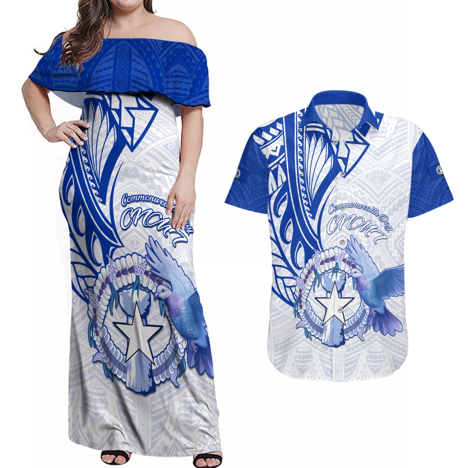 Personalised Northern Mariana Islands Commonwealth Day Couples Matching Off Shoulder Maxi Dress and Hawaiian Shirt Simple Style LT05 Blue - Polynesian Pride