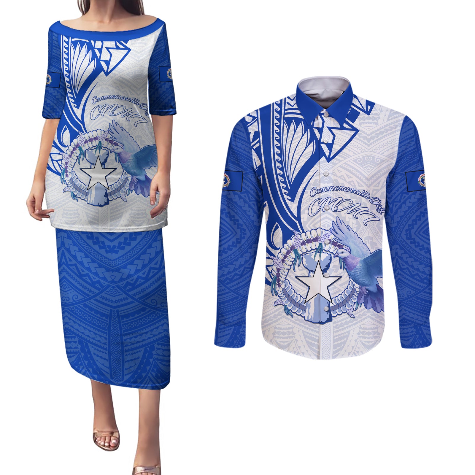 Personalised Northern Mariana Islands Commonwealth Day Couples Matching Puletasi and Long Sleeve Button Shirt Simple Style LT05 Blue - Polynesian Pride